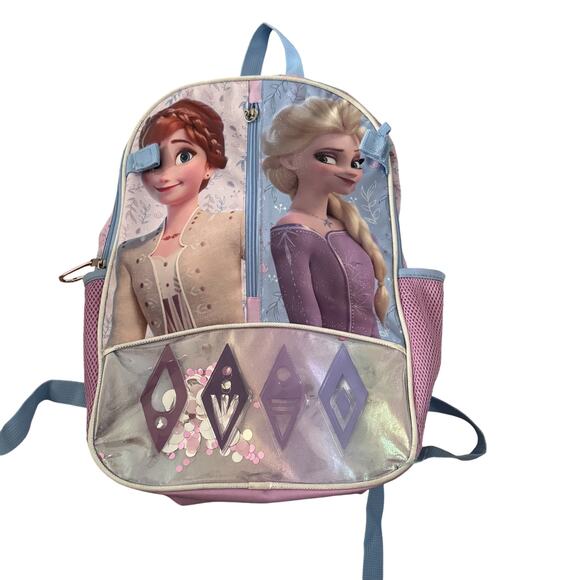 Disney Frozen Elsa Anna Backpack Girls Purple Blue Glitter School Bag 16" Pocket - Picture 1 of 8